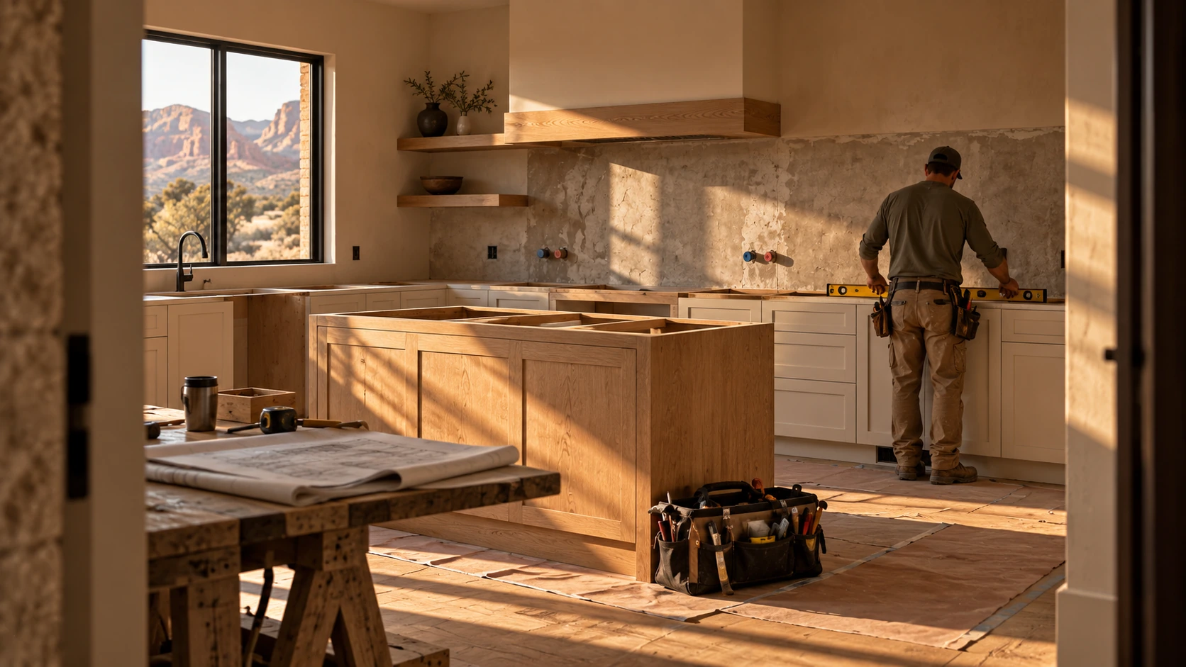 Illustrative kitchen renovation in progress with cabinetry being checked for alignment; not an actual Acacia project or employee.