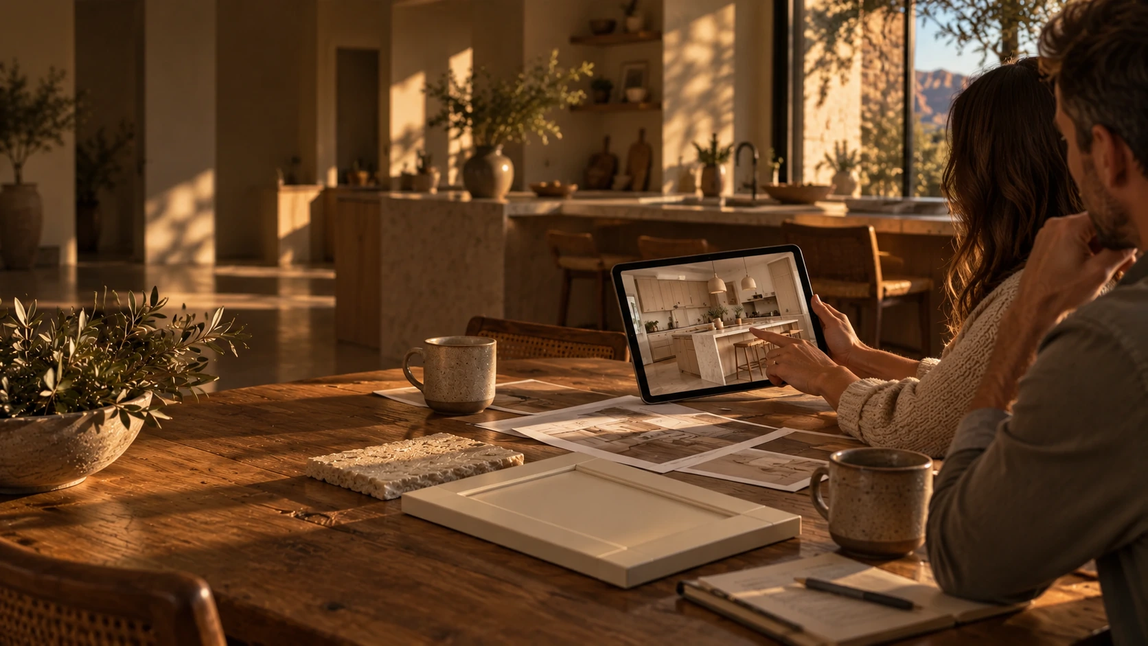 Illustrative scene of two people sharing kitchen inspiration over coffee; fictional participants.