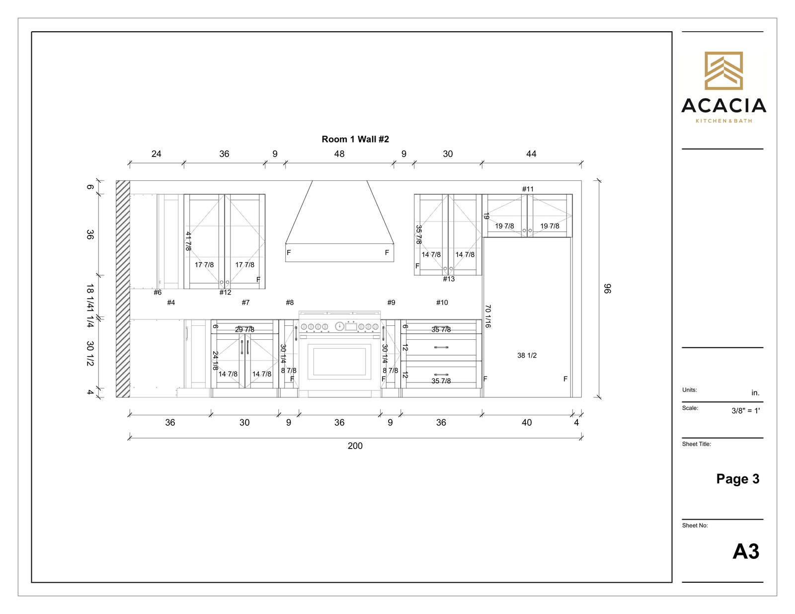 Authentic Acacia Mozaik range wall elevation, showing cabinetry dimensions and hood relationships.