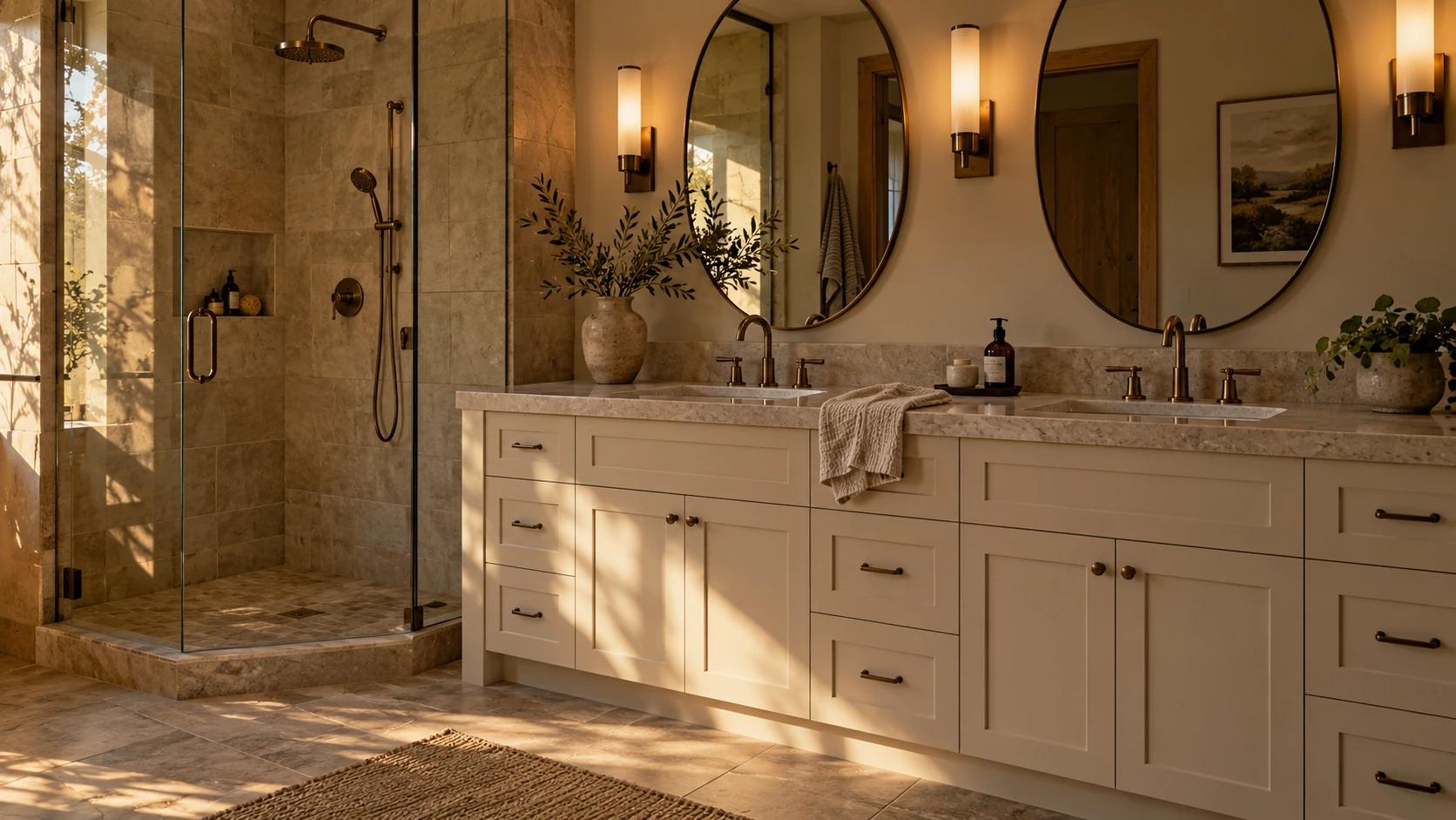 Illustrative bathroom design concept with a wood vanity and calm neutral finishes; not a completed Acacia bathroom project.