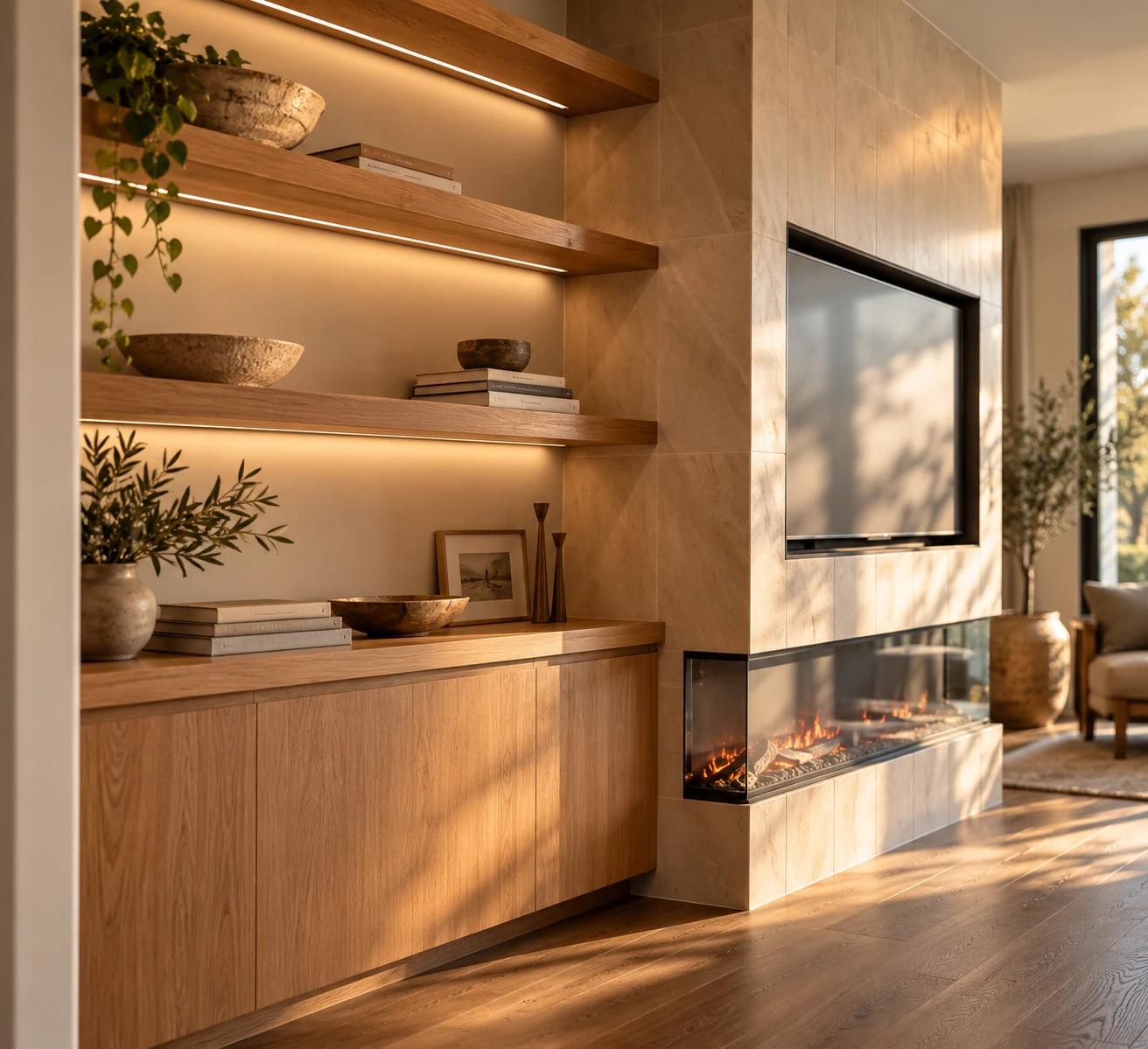 AI-assisted visualization inspired by an Acacia project, showing oak cabinetry, illuminated floating shelves, an integrated television and a linear fireplace.