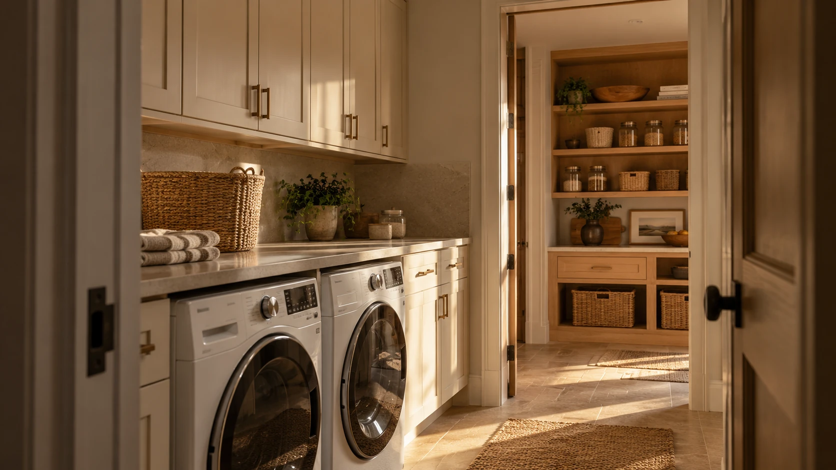 Illustrative laundry and pantry concept with fitted creamy cabinetry, a folding counter, realistic laundry appliances and an adjacent oak-shelved pantry.