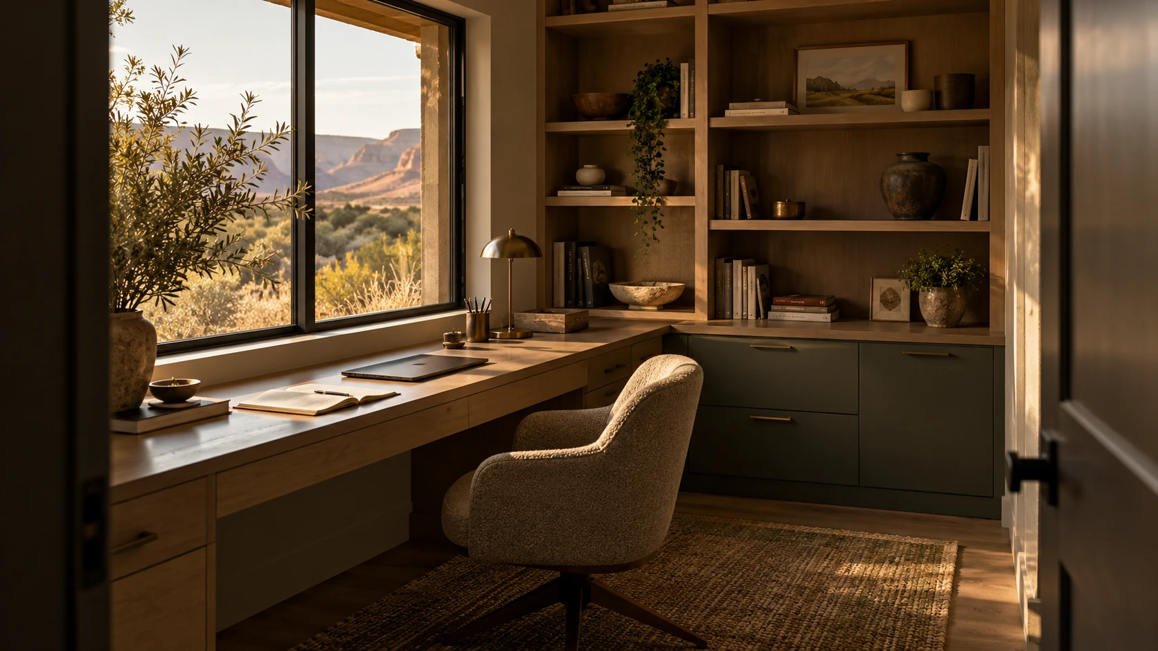 Illustrative home office concept with a fitted oak desk, integrated shelves, olive storage and a notebook beside the window.