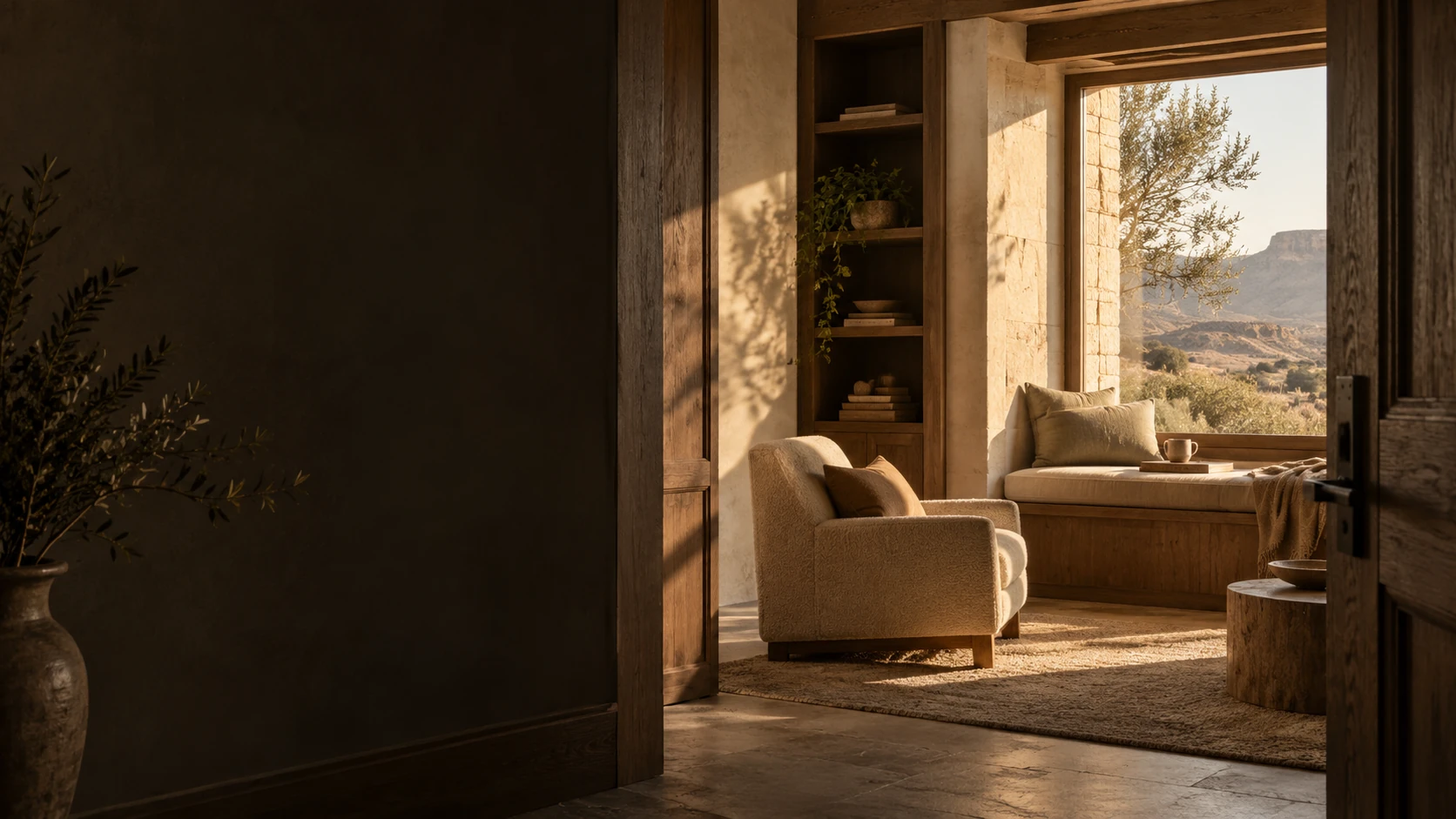 Illustrative architectural concept: a shaded passage opens into a sunlit sitting room with oak cabinetry and a window seat.