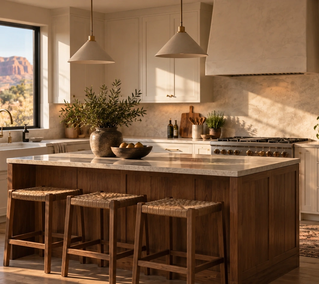 Approved cropped kitchen concept with a wood island, creamy cabinetry, range and plaster hood.