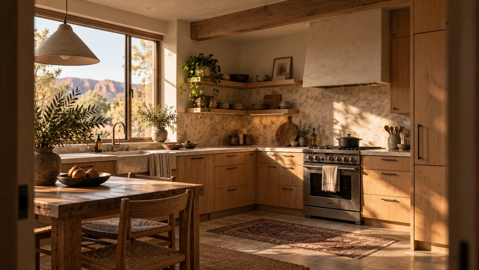 Natural and warm kitchen concept with oak cabinetry, textured stone and a welcoming dining table.