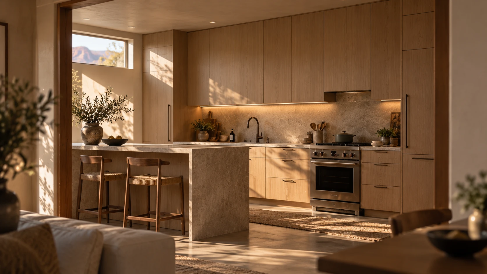 Quiet and contemporary kitchen concept with slab cabinetry, natural textures and restrained architectural lines.