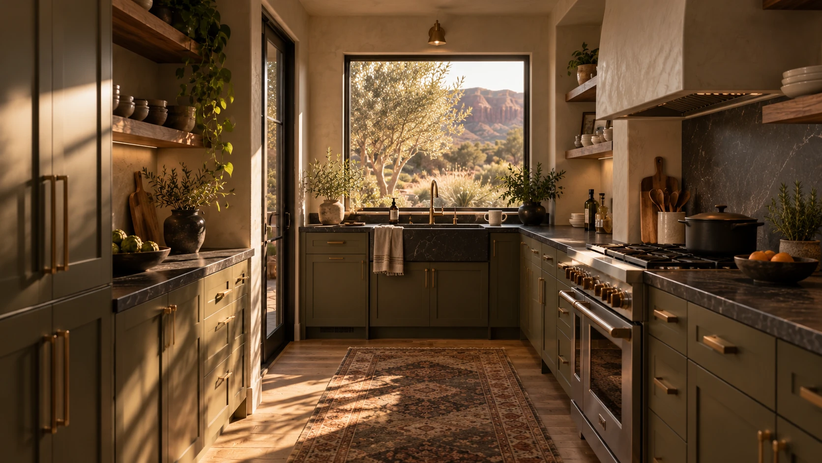 Rich and grounded kitchen concept with deep olive cabinetry, dark stone and warm metal details.