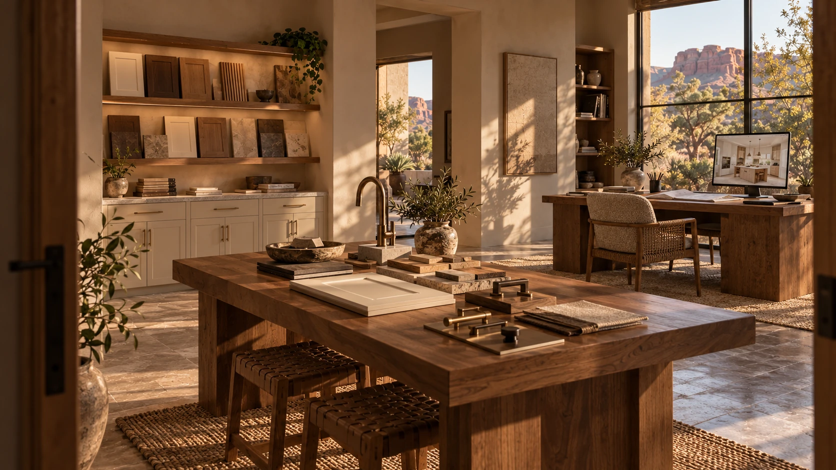 Illustrative kitchen design studio with a walnut materials table, cabinetry samples and a design desk.
