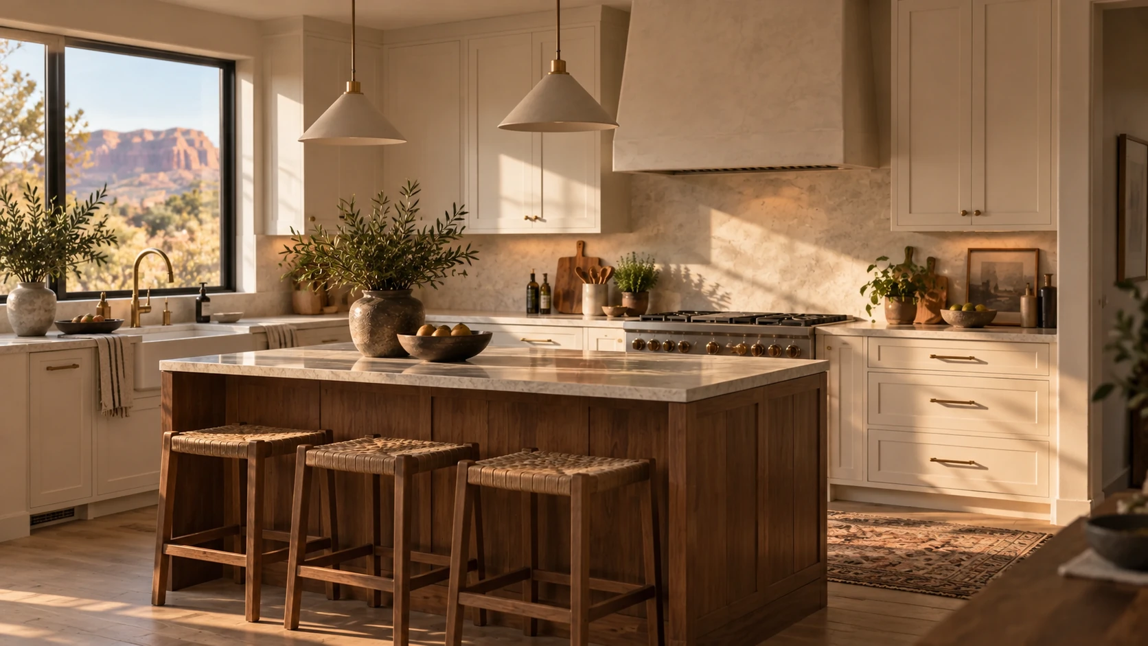 Timeless and inviting kitchen concept with creamy cabinetry, a walnut island and a plaster range hood.