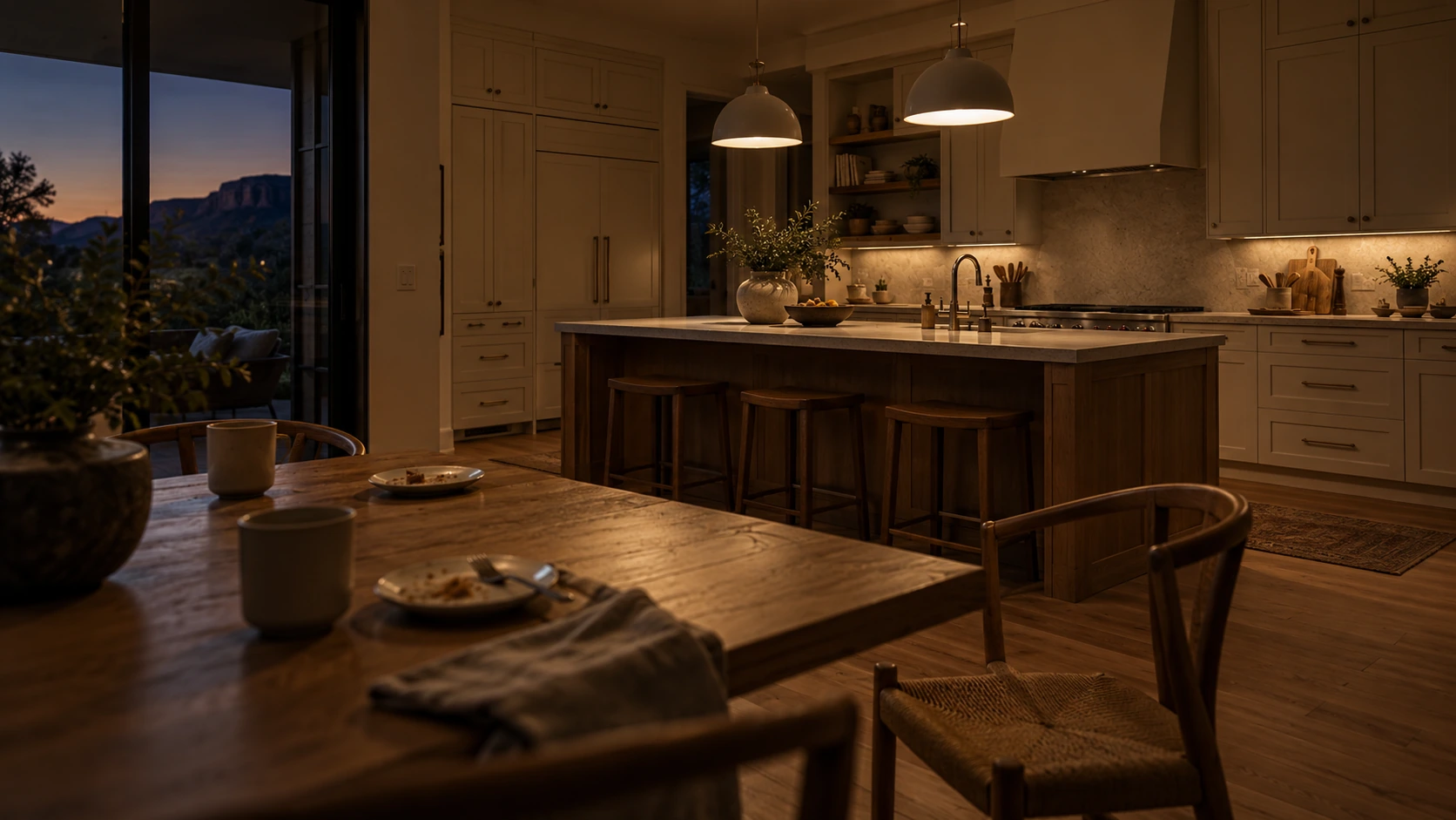 Illustrative kitchen after an evening gathering, with dessert plates, cups and a chair left slightly pulled back; not a completed Acacia project.